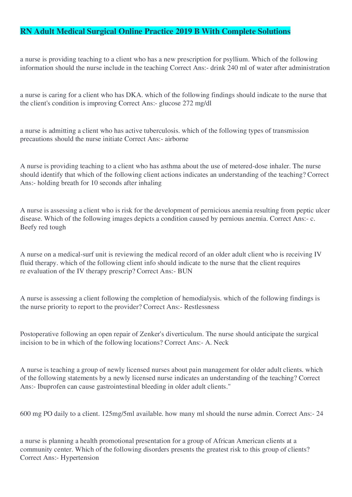 RN Adult Medical Surgical Online Practice 2019 B With Complete Solutions